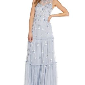 Adrianna Papell Beaded Tiered Gown Glacier Blue